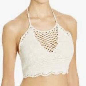 MinkPink Crochet Cream Halter Bikini Top | SMALL